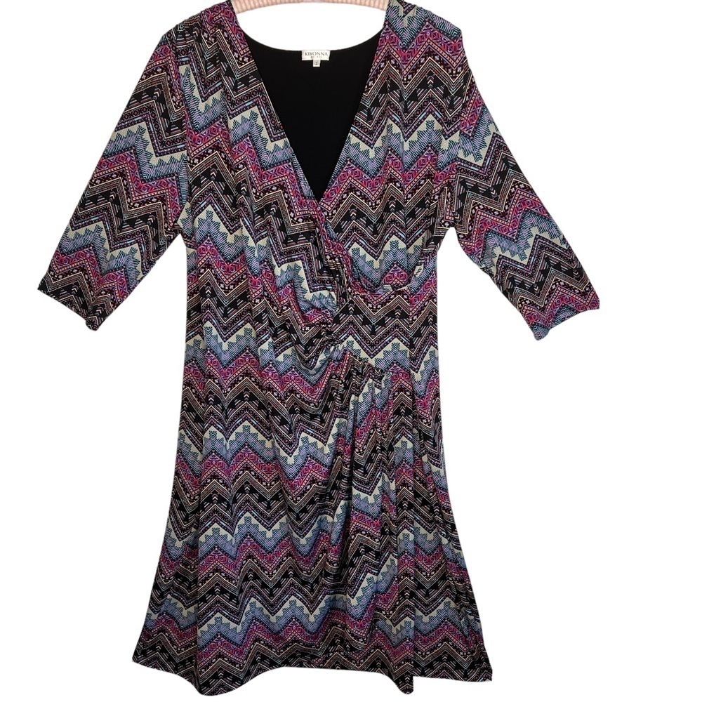 Kiyonna Womens Aztec Print 3/4 Sleeve V Neck Midi Length Dress USA Size 2X 18 20